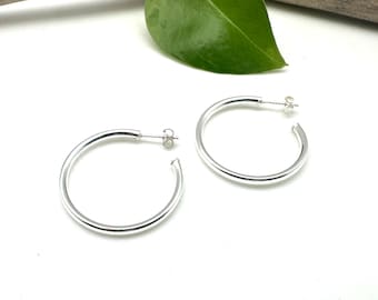 Sterling Silver Hoop Earrings - Medium 30mm, 35mm, Large 40mm, Post Hoops