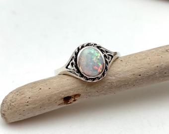 Sterling Silver White Opal Rope Ring, Oval Stone (Size 4-10)