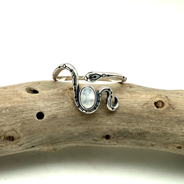 Moonstone Snake Ring, 925 Sterling Silver Wrap, Southwestern Design