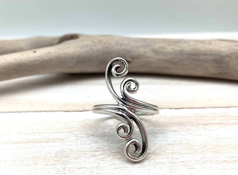 Silver Swirls Statement Ring Silver Swirl Cage Ring Long Statement Ring Flowers Swirls Meditation 925 Sterling Size 7 8 9