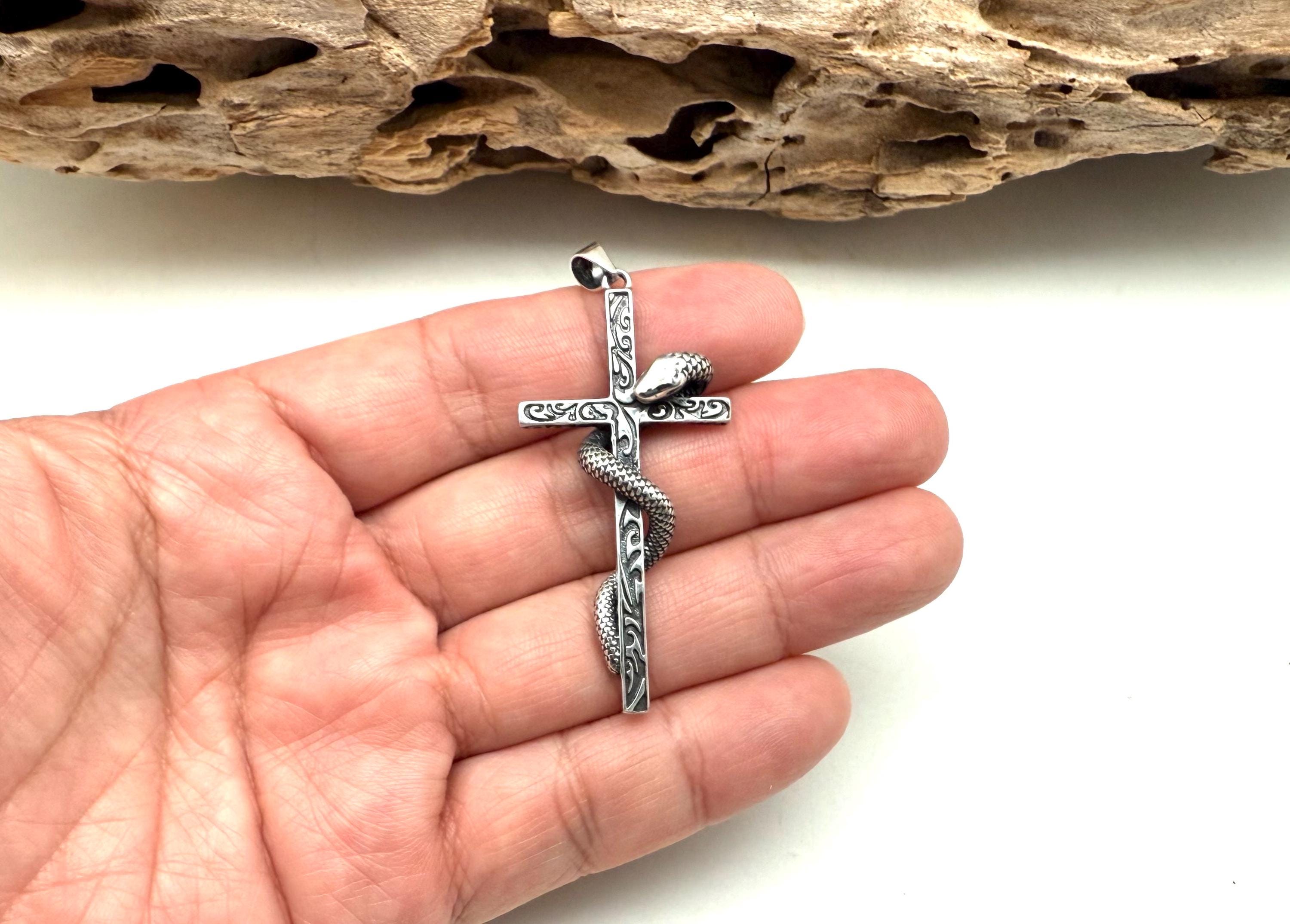 Sterling Silver Snake Cross Pendant, Oxidized Serpent, Gothic