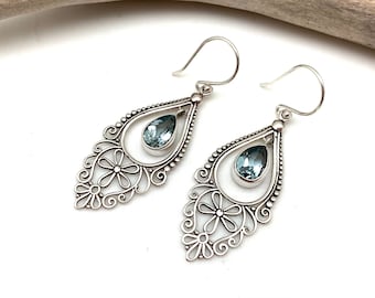 Blue Topaz Sterling Silver Filigree Earrings, Bali Swing - 35mm