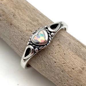 Silver Opal Heart Ring / White Opal Heart Ring / Silver Little Heart Ring / Sterling size 4-10
