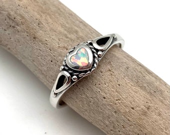 Silver Opal Heart Ring / White Opal Heart Ring / Silver Little Heart Ring / Sterling size 4-10