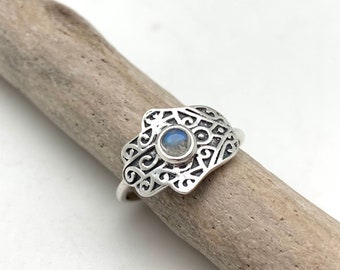 Hamsa Silver Ring 6, 7, 8, 10 /  Hamsa Moonstone Ring / Meditation Ring / Long Life, Peace and Harmony / 925 Silver Oxidized