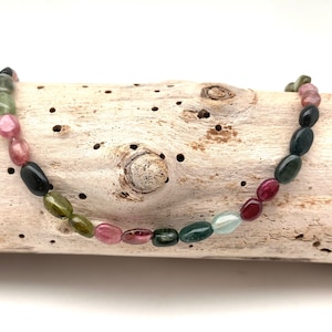 Watermelon Tourmaline Necklace 18” // Raw Tourmaline Oval Bead // Natural Pink, Green Tourmaline // Goldfill chain and clasp