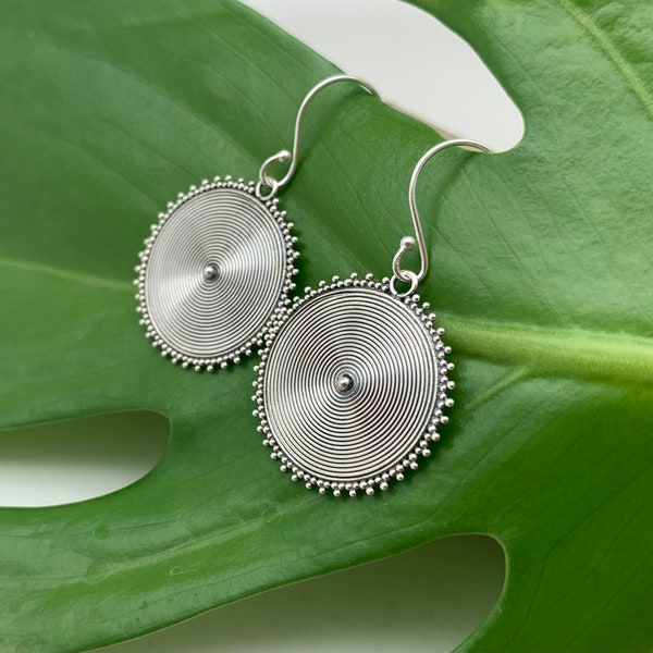 Bali Disk Earrings 23mm / Silver Bali Earrings / Beaded Circle / Boho / 925 Sterling Silver