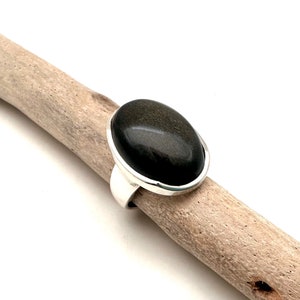 Silber Obsidian Schwarz Rutil Ring Größe 7 / Glatt Oval Mond Phase Ring / Mond im Stein Ring / Sammler / 925 Sterling Silber