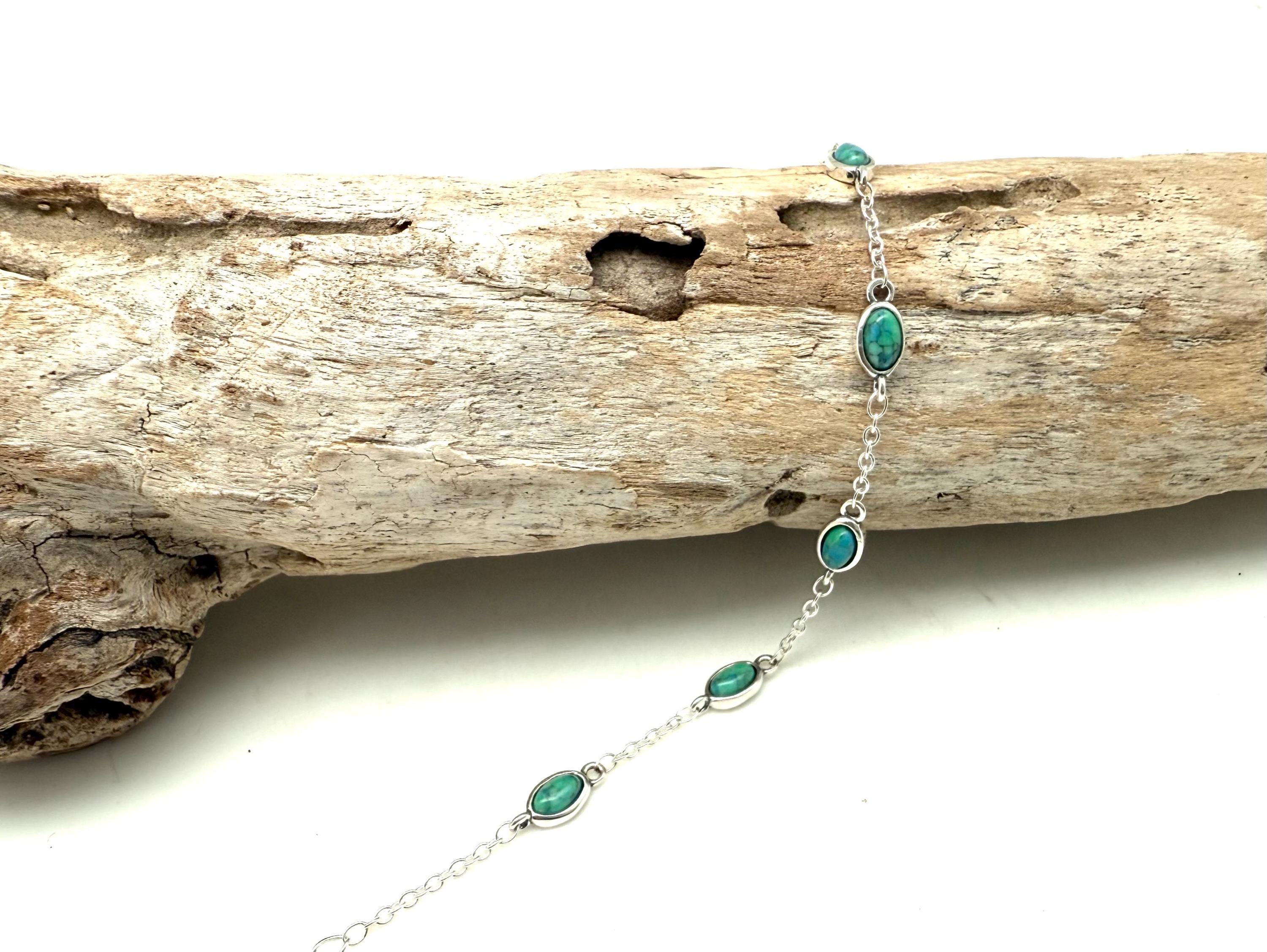 Bracciale con perline di vero turchese verde e argento sterling. Bracciale con pietre preziose. Bracciale con perline bicono e pietre preziose. Bracciale da uomo, braccialetto da donna. - Italia