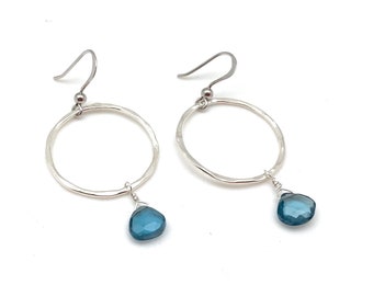 Blue Topaz Silver Hoop Earrings / Circle Blue Topaz Earrings / Silver Loops Blue Topaz Earrings / London Blue Topaz Earrings / Medium Circle
