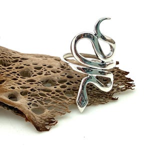 Peut inclure: Une bague argentée polie en forme de serpent enroulé. La surface métallique est lisse et réfléchissante, présentant un design continu et sinueux qui s'enroule autour du doigt. La tête du serpent est pointue et située au bas de la bague.