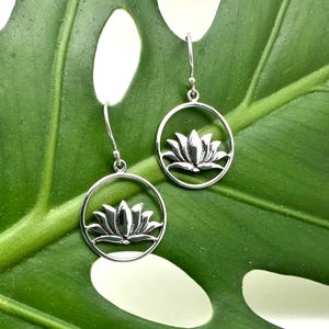Lotus Sterling Dangle Earrings 26mm / Lotus Flower Earrings / Silver Lotus / Cut Out Lotus / Etched Lotus / Buddha&#39;s Flower / 925 Silver