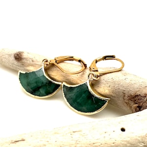 Green Emerald Earrings 15mm // Gold Emerald Earrings // Emerald Fan Bezel Set // Gold Plated // May Birthstone