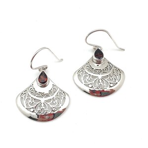 Garnet Fan Silver Earrings / Silver Garnet Filigree Earrings / Silver Laser Cut / January Birthstone / Garnet Teardrop / Sterling Silver