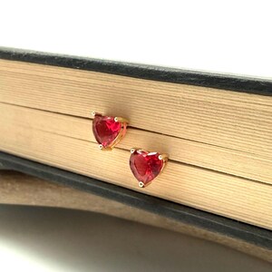 Red Ruby Heart Studs 13mm - Pefect Red Heart Earrings - Gold Fill - Gift for her