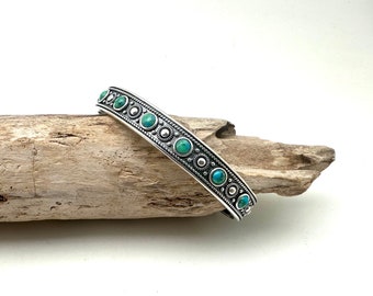 Turquoise Silver Cuff / 925 Sterling Silver / Natural Turquoise Bead Cuff Bracelet / 7&quot; to 8&quot;