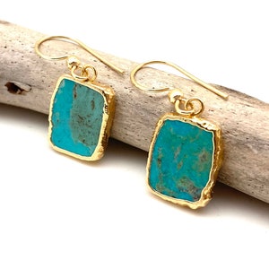 Green Turquoise Gold Earrings 17mm // Sliced Turquoise Earrings // Gold Dipped // Natural Turquoise