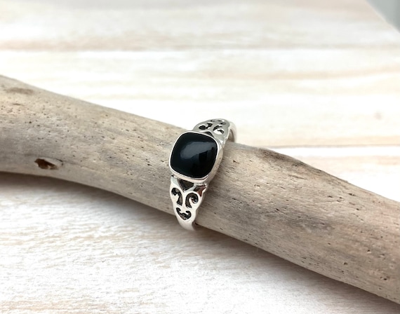 Black Onyx Square Ring, 925 Sterling, Filigree Signet, Gift for