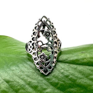 Mandala Vintage Long Finger Ring / Flower Inspiration Ring / Silver Bead Marquee Ring / Filigree Statement /  size 8, 9, 10 / 925 Silver