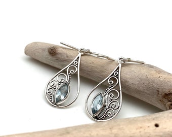 Blue Topaz Sterling Silver Filigree Bali Earrings - 25mm
