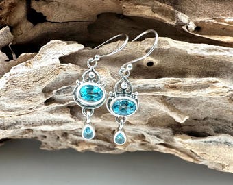 Blue Topaz Teardrop Earrings, Bali Sterling Silver (23mm)