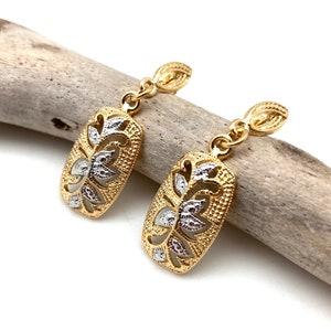 Gold Silver Earrings - Gold Fill Two Tone Dangly Post 40mm - Vintage Inspired - Hypoallergenic - Tarnish Free