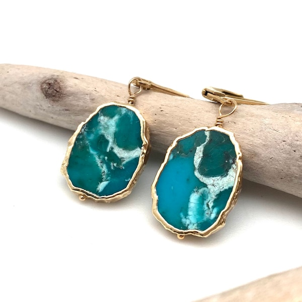 Turquoise Gold Earrings 15mm // Sliced Turquoise Earrings // Gold Dipped // Natural Turquoise // Lever Back