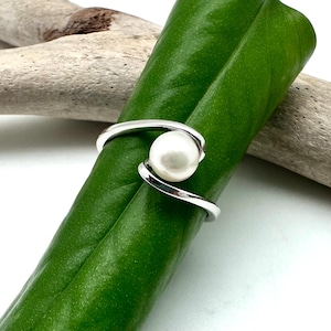 Pearl Sterling Silver Ring, Dainty Infinity Band, June Birthstone