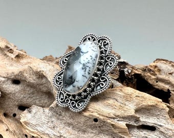 Dendrite Opal Ring Size 6 / Dendritic Opal Silver Ring / Dendrite Agate Smooth Freeform / Dendritic Opal Black and White / Sterling 925