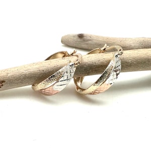 Tricolor Hoop Earrings 23mm - Gold Fill Two Tone Hoops - Textured Gold Hoops - Best Selling - Rose Gold, Gold and Silver
