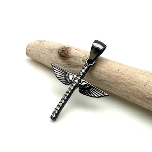 Zwart Zilver Kruis Angel Wings Hanger 20mm / Zwarte Sterling Kruisketting / Zwart Rhodium Plated Sterling Zilver / 925 Zilver