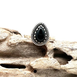 Black Onyx Bali Silver Ring / Natural Smooth Onyx Ring / Onyx Teardrop / Size 6, 7, 8, 9, 9.5