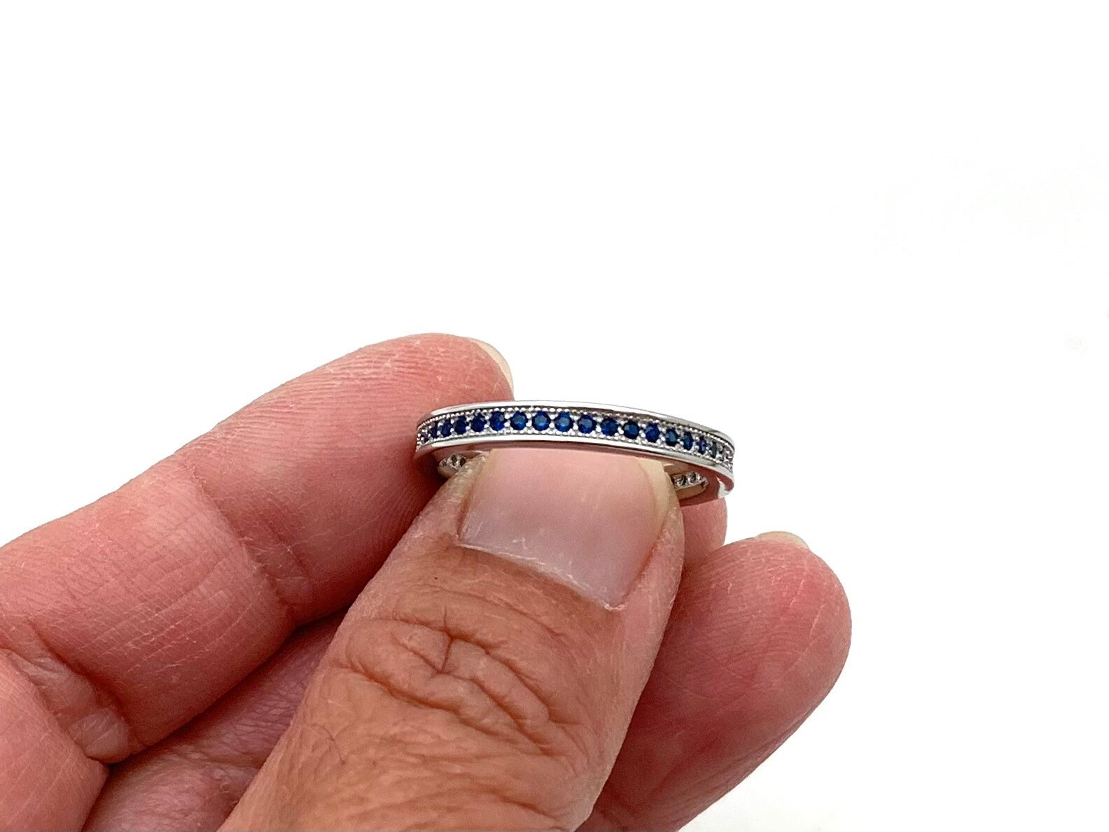 Stunning Sterling Silver 925 Eternity Band Ring With Sparkling Simulated Blue Sapphire - UK Sizes J To S