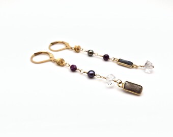 Asymmetrical GOLD Labradorite Garnet Dangle Earrings // Wire Wrapped in 18k Gold Fill // Lever Backings