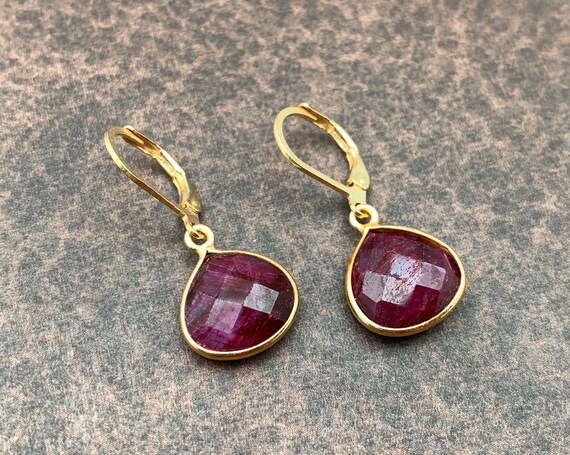 Ruby Earrings // Red Ruby Gold // Ruby Heart Bezel Set Earrings // Gold Vermeil // July Birthstone