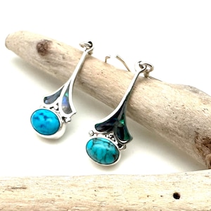 Abalone Silver Turquoise Earrings 25mm / Silver Avalone Shell Long Earrings / Modern Simple Abalone / Sterling Silver