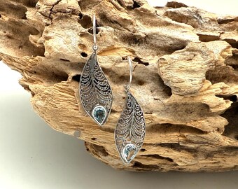 Blue Topaz Sterling Silver Earrings, Leaf Filigree Bali Design
