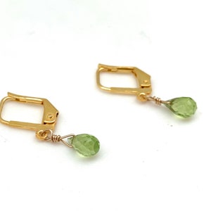 Peridot Gold Earrings / Teardrop Peridot Earrings / Briolette Peridot / Small Peridot Drop / August / Goldfill / Hypoallergenic