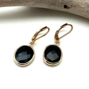 Black Onyx Gold Earrings 20mm // Checkerbord Cut Onyx Earrings // Everyday Black Onyx // Bezel Set // 18k Gold Plated
