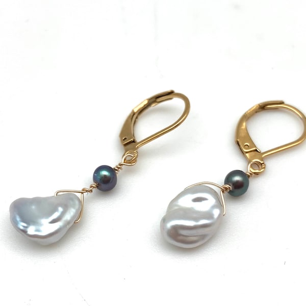 Keishi Pearl Flower Petal Earrings , Wire Wrapped Keishi Pearl Earrings , 18k Gold Fill