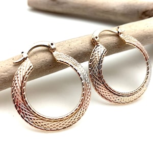 Tricolor Medium Hoop Earrings 25mm - Gold Fill Two Tone Hoops - Textured Gold Hoops - Best Selling - Rose Gold, Gold and Silver