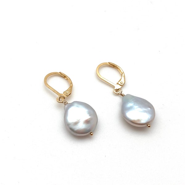 Silver Coin Pearl Earrings // Silver Pearl Earrings // Simple Pearl Earrings // Tropical Earrings // 18k Goldfill // Tarnish Free