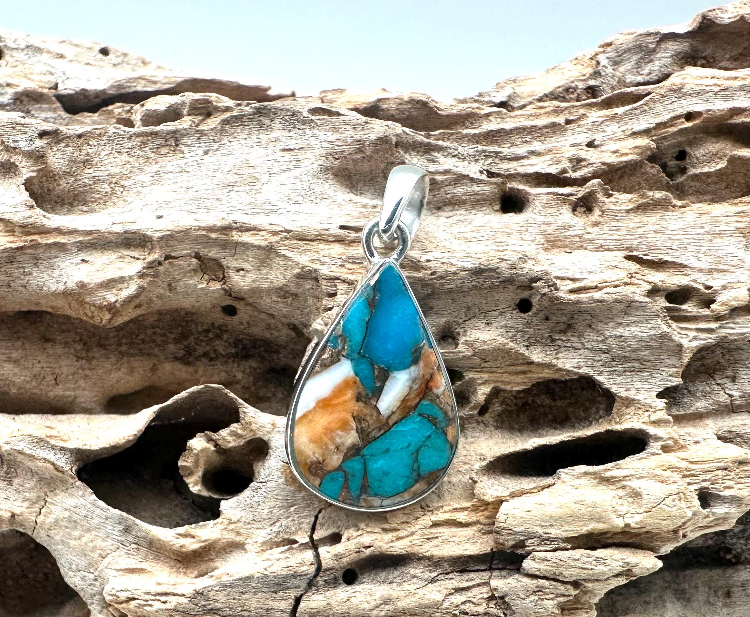 Colorful Turquoise Pendant 23mm / Oyster Shell Turquoise Silver Pendant / Southwest Turquoise / Smooth Turquoise / Sterling 925
