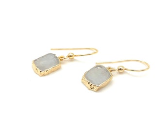 Moonstone Gold Earrings // Sliced Small White Moonstone Earrings // Gold Dipped // 24K Gold Electroplated Moonstone Rectangle  // Gold