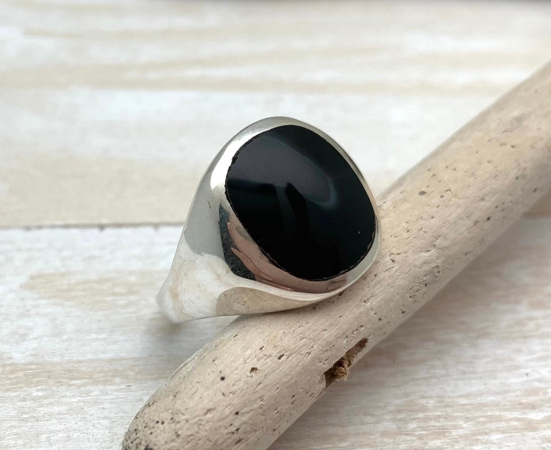Black Onyx Signet Silver Ring / Simple Light Black Onyx Ring