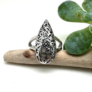 Mandala Vintage Long Finger Ring / Flower Inspiration Ring / Long Finger Ring 30mm / Filigree Statement /  size 7, 8, 9 / 925 Silver