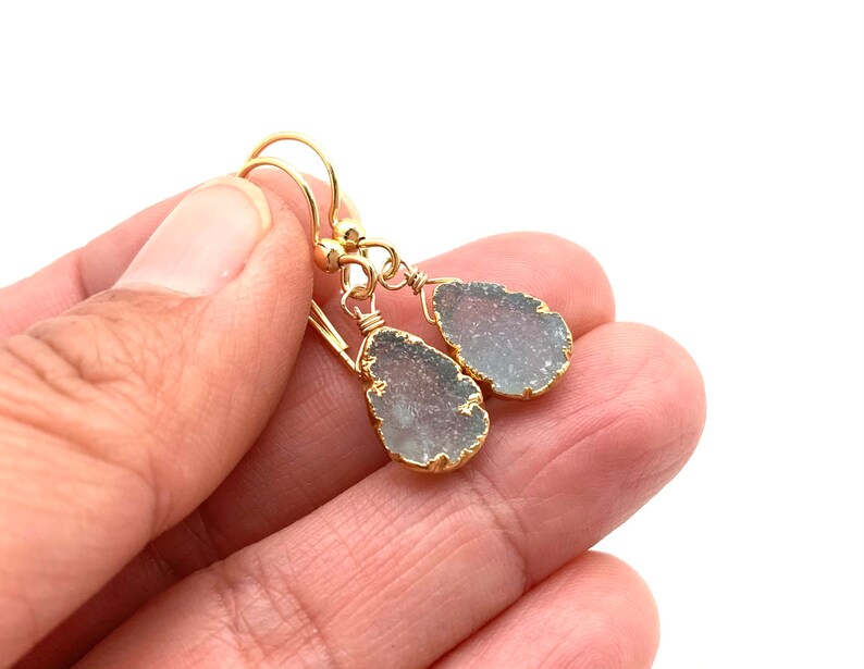 Blue Agate Druzy Earrings Gold Dipped Druzy Teardrop Earrings Small Drusey Earrings Ocean Agate Druzy Heart Druzy Goldfill