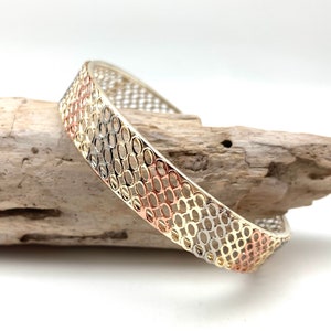 Può includere: Un braccialetto rigido d'argento con un motivo ovale ripetuto. Il braccialetto ha sezioni d'argento, oro e oro rosa. Il braccialetto è esposto su un pezzo di legno alla deriva su sfondo bianco.