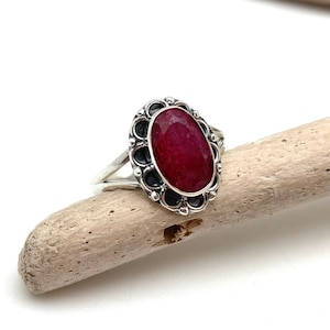 Natural Ruby Sterling Silver Bali Ring, July Birthstone