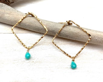 Turquoise Gold Square Earrings // Turquoise Teardrop Earrings // 18K Goldfill